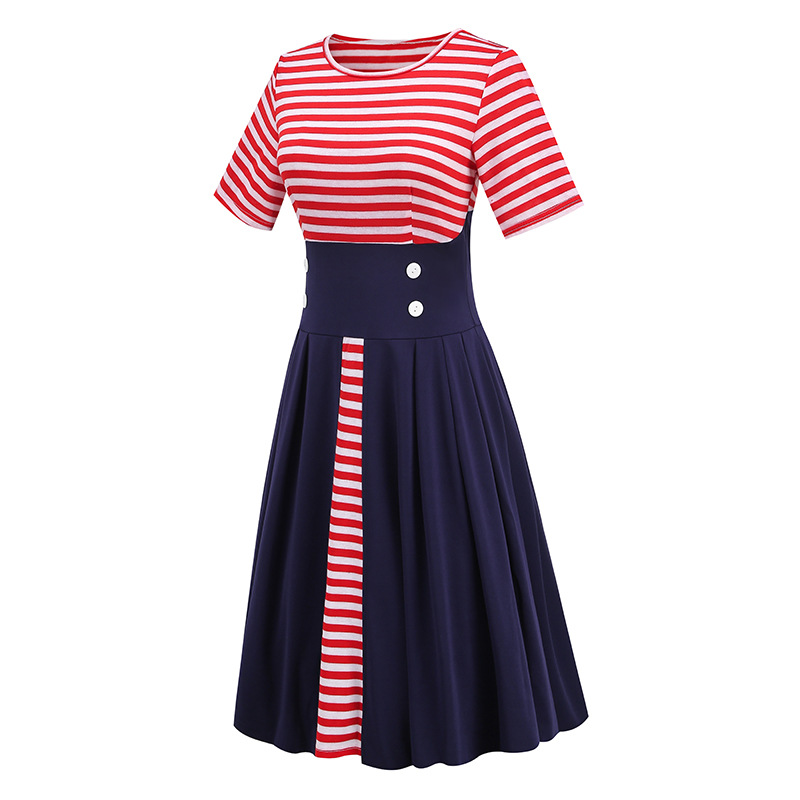 Nautical Striped A-Line Dress - Retro Patchwork Short Sleeve Midi Dresses